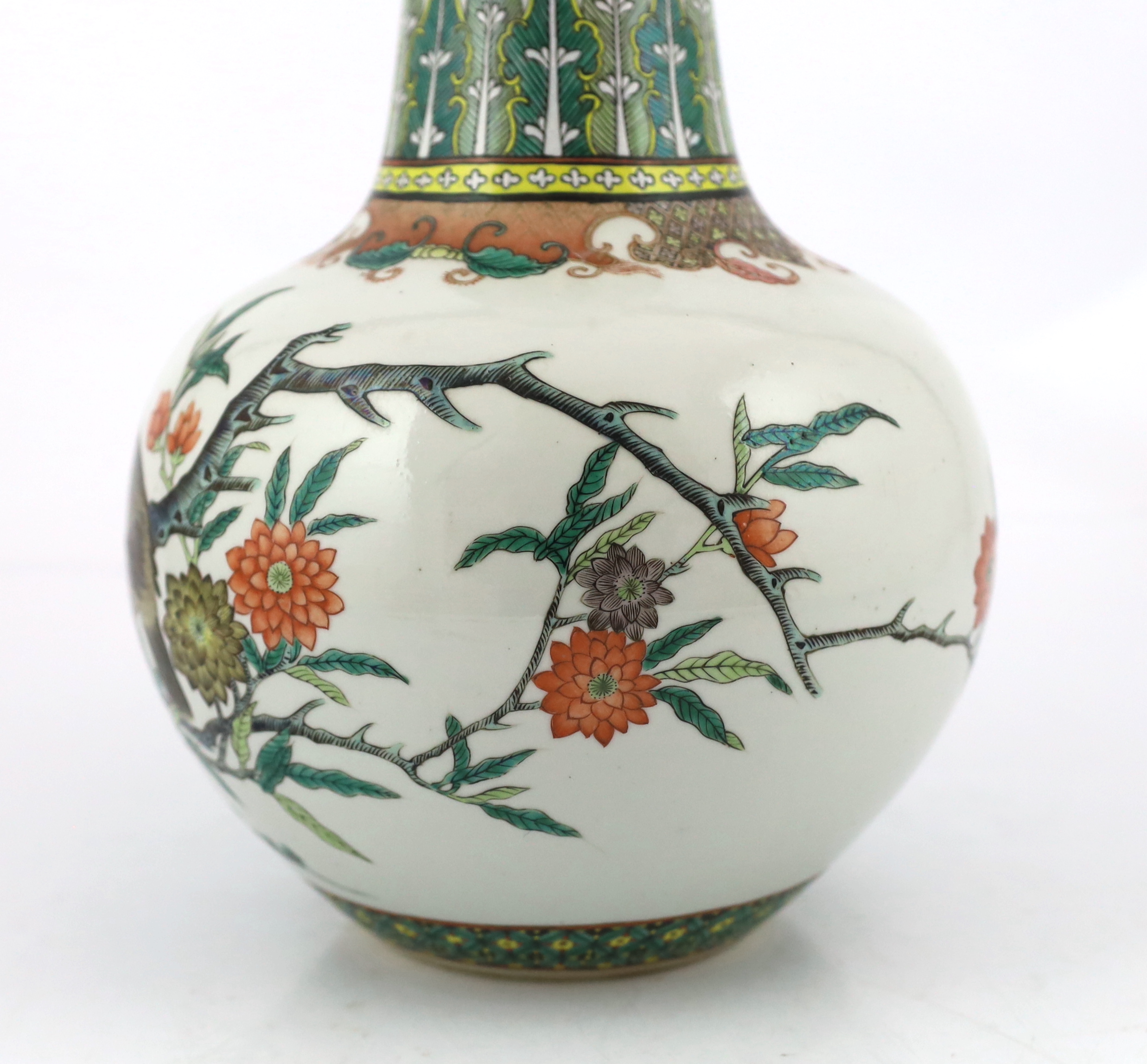 A Chinese famille verte ‘black bird’ bottle vase, Daoguang mark and of the period (1821-50), neck restored